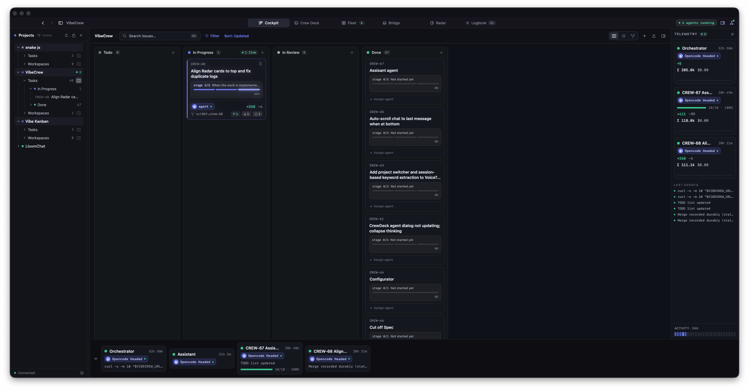 The VibeCrew Cockpit: a projects sidebar beside Todo, In Progress, In Review and Done columns, with one live card mid-stage and a telemetry rail on the right.