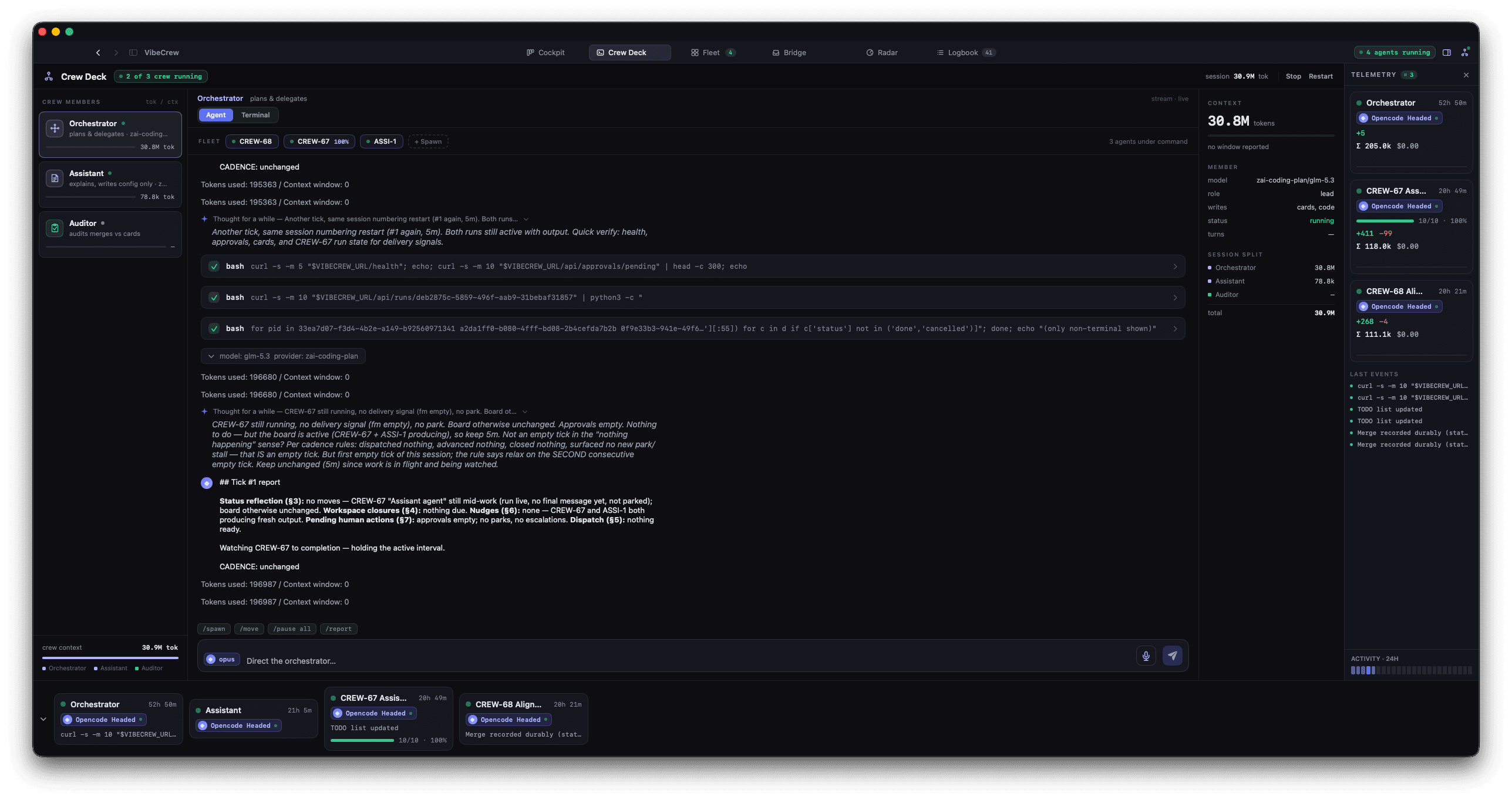 The VibeCrew Crew Deck: a roster of the Orchestrator, Assistant and Auditor host agents beside the Orchestrator's live conversation and its fleet of commanded agents.