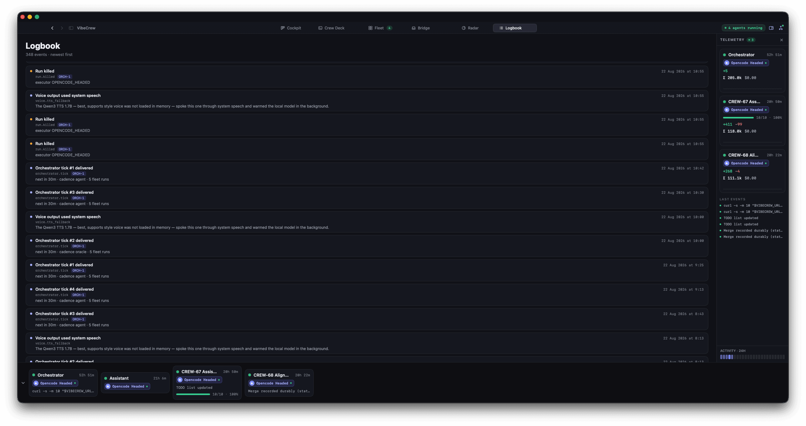 The VibeCrew Logbook: a reverse-chronological feed of typed events — run killed, orchestrator ticks, voice fallbacks — each with an actor and a timestamp.
