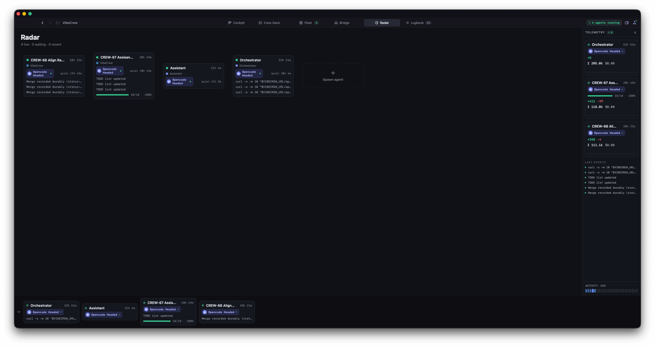 The VibeCrew Radar: live tiles for four agents showing recent output, progress and quiet timers, plus a dashed Spawn agent tile.